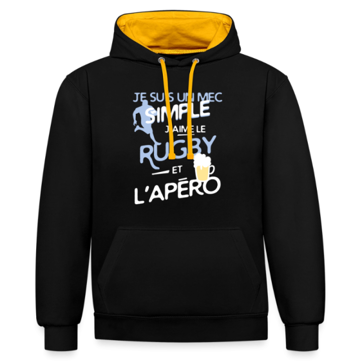 Sweat-shirt à capuche contrasté unisexe - Un mec simple: Rugby et apéro - noir/or - front