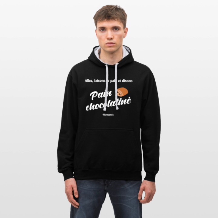 Sweat-shirt à capuche contrasté unisexe - Pain au chocolat Vs Chocolatine - noir/gris chiné - front