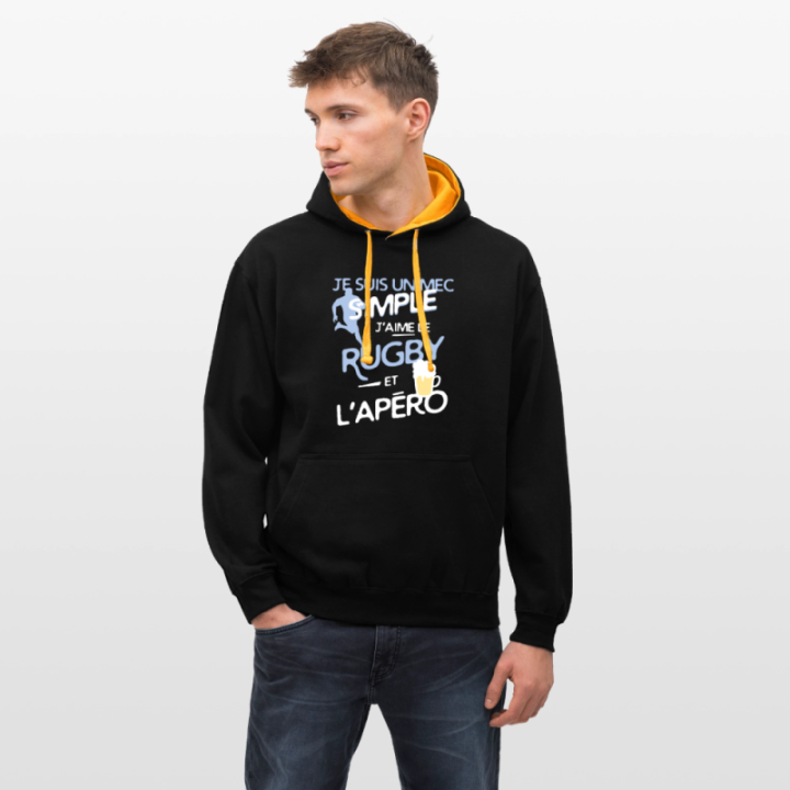 Sweat-shirt à capuche contrasté unisexe - Un mec simple: Rugby et apéro - noir/or - front