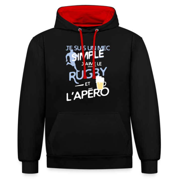 Sweat-shirt à capuche contrasté unisexe - Un mec simple: Rugby et apéro - noir/rouge - front