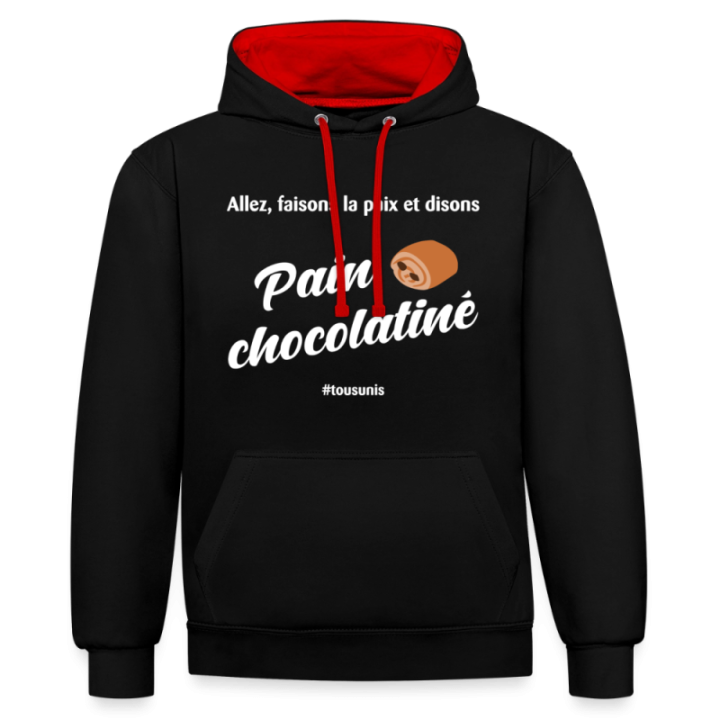 Sweat-shirt à capuche contrasté unisexe - Pain au chocolat Vs Chocolatine - noir/rouge - front