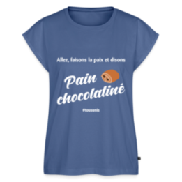 T-shirt à manches retroussées femme - Pain au chocolat Vs Chocolatine - bleu pigeon - front