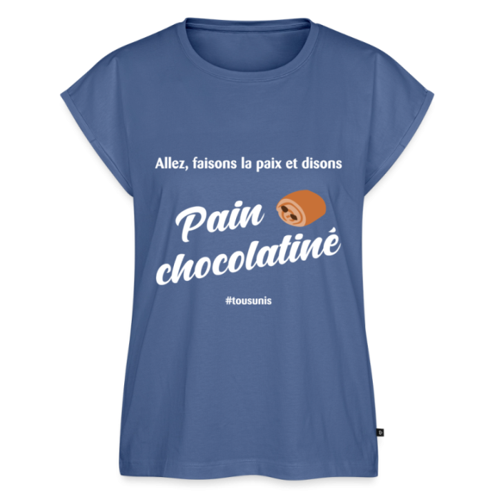 T-shirt à manches retroussées femme - Pain au chocolat Vs Chocolatine - bleu pigeon - front