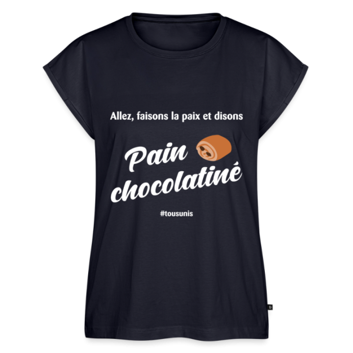T-shirt à manches retroussées femme - Pain au chocolat Vs Chocolatine - bleu marine - front