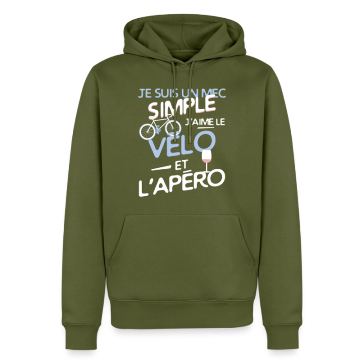 Sweat-shirt à capuche premium homme - Un mec simple: Vélo et apéro - kaki - front
