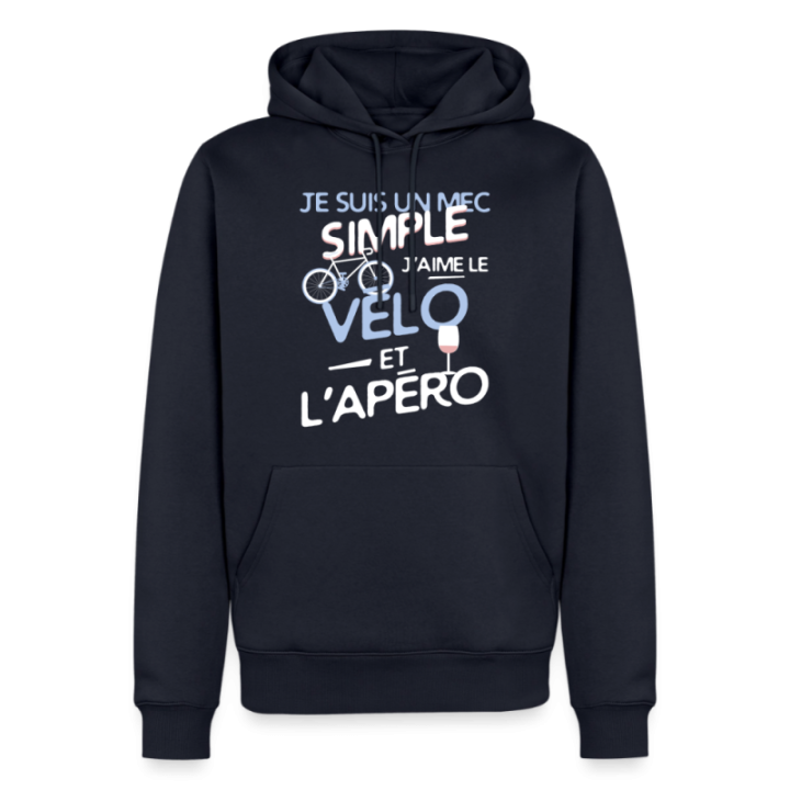 Sweat-shirt à capuche premium homme - Un mec simple: Vélo et apéro - bleu marine - front