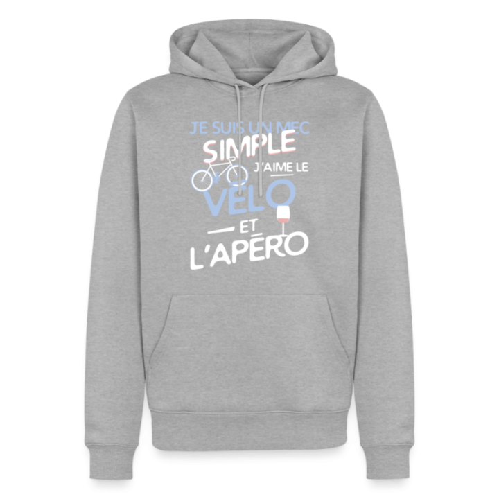 Sweat-shirt à capuche premium homme - Un mec simple: Vélo et apéro - gris chiné - front