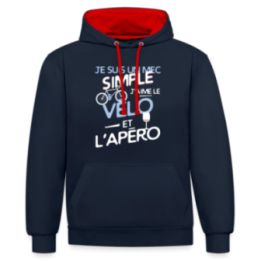 Sweat-shirt à capuche contrasté unisexe - Un mec simple: Vélo et apéro - bleu marine/rouge - front