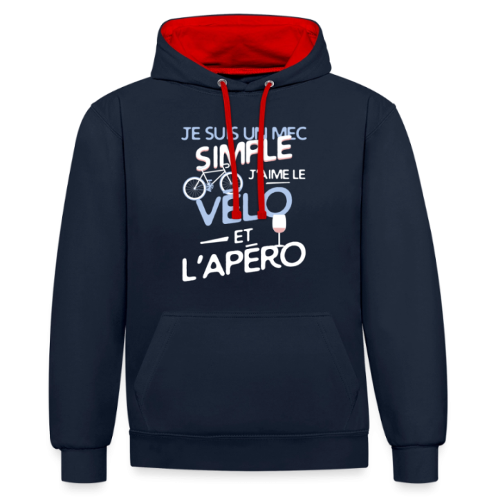 Sweat-shirt à capuche contrasté unisexe - Un mec simple: Vélo et apéro - bleu marine/rouge - front