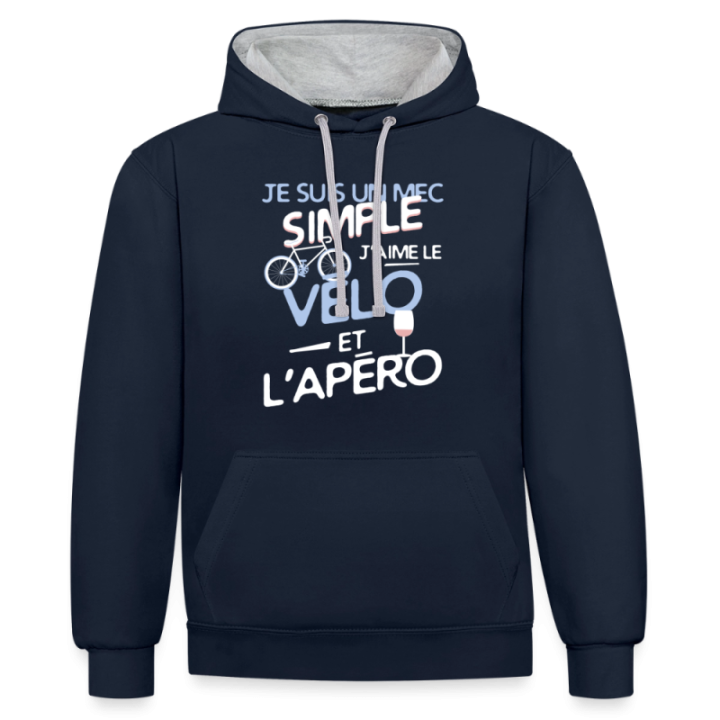 Sweat-shirt à capuche contrasté unisexe - Un mec simple: Vélo et apéro - bleu marine/gris chiné - front