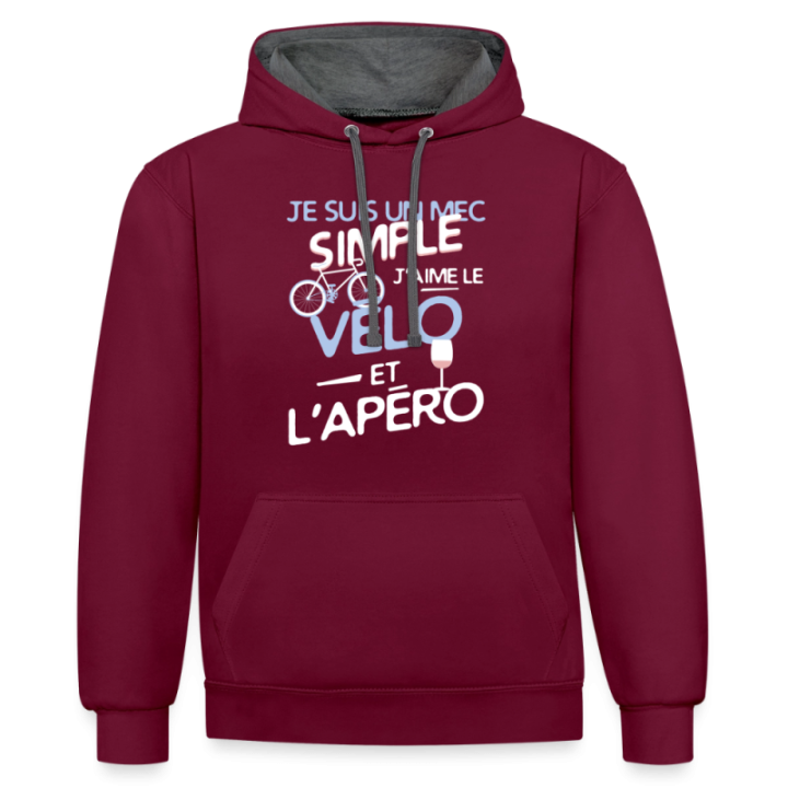 Sweat-shirt à capuche contrasté unisexe - Un mec simple: Vélo et apéro - bordeaux/anthracite - front
