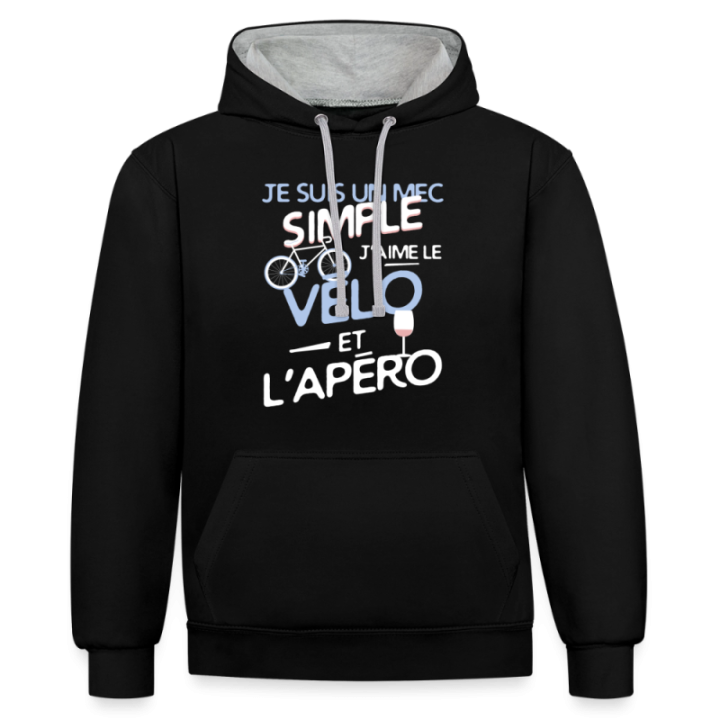 Sweat-shirt à capuche contrasté unisexe - Un mec simple: Vélo et apéro - noir/gris chiné - front