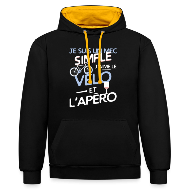 Sweat-shirt à capuche contrasté unisexe - Un mec simple: Vélo et apéro - noir/or - front