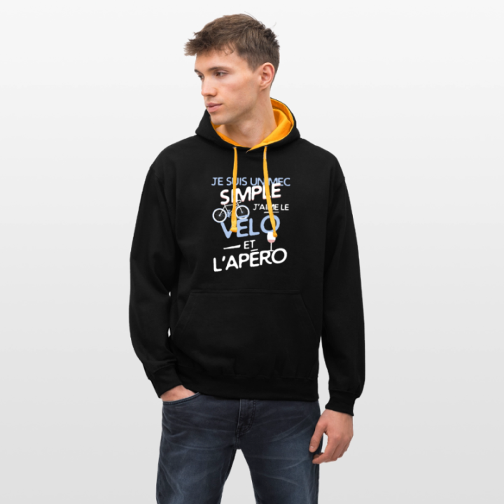 Sweat-shirt à capuche contrasté unisexe - Un mec simple: Vélo et apéro - noir/or - front