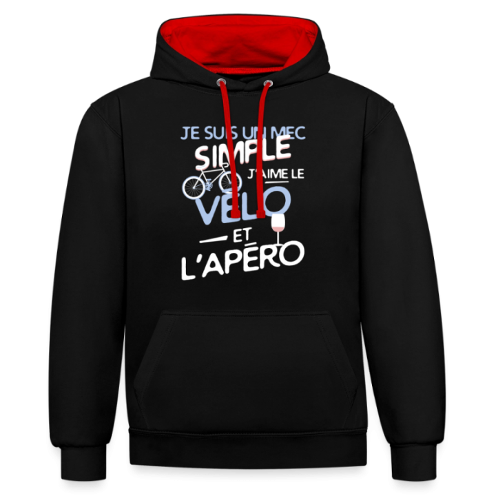 Sweat-shirt à capuche contrasté unisexe - Un mec simple: Vélo et apéro - noir/rouge - front