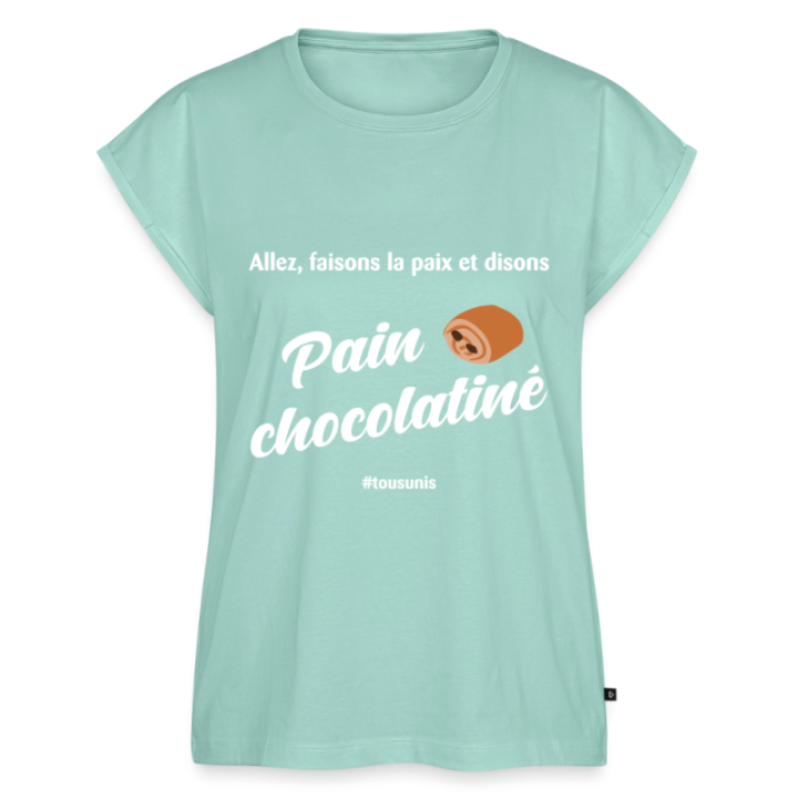 T-shirt à manches retroussées femme - Pain au chocolat Vs Chocolatine - menthe  - front