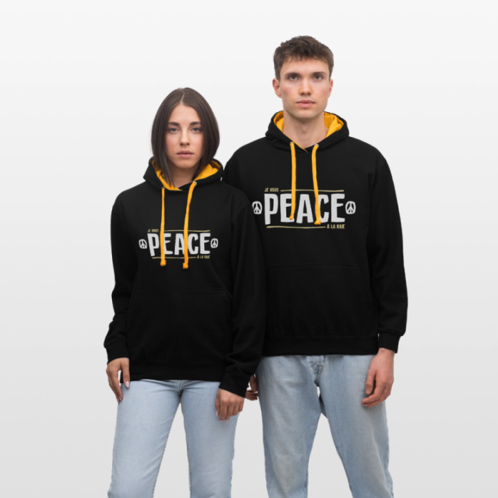 Sweat-shirt à capuche contrasté unisexe - Peace à la raie - noir/or - front