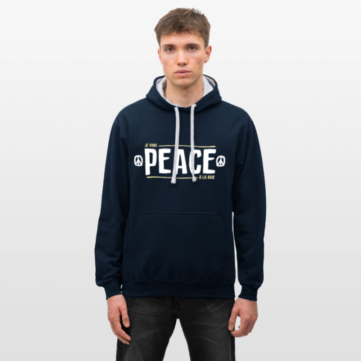 Sweat-shirt à capuche contrasté unisexe - Peace à la raie - bleu marine/gris chiné - front