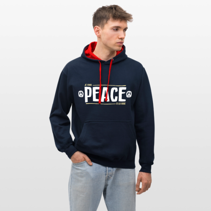 Sweat-shirt à capuche contrasté unisexe - Peace à la raie - bleu marine/rouge - front
