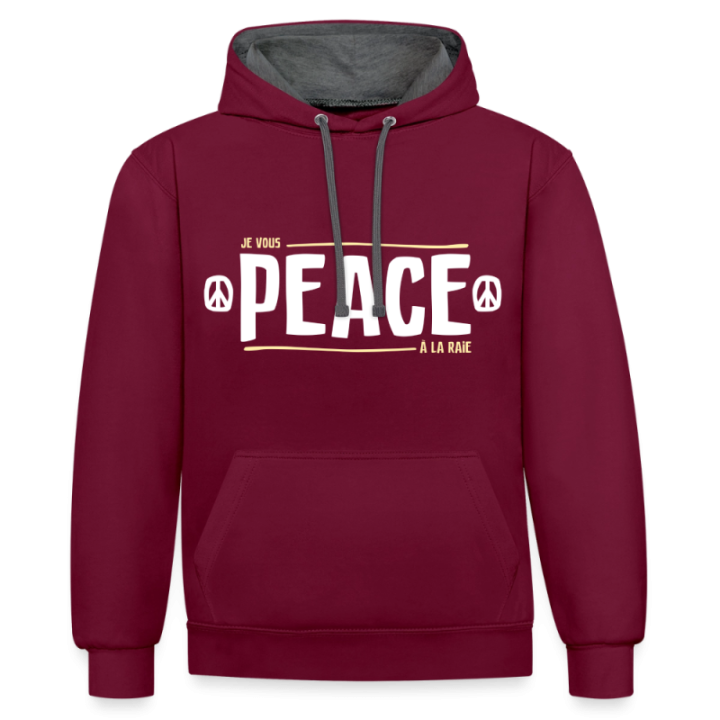 Sweat-shirt à capuche contrasté unisexe - Peace à la raie - bordeaux/anthracite - front