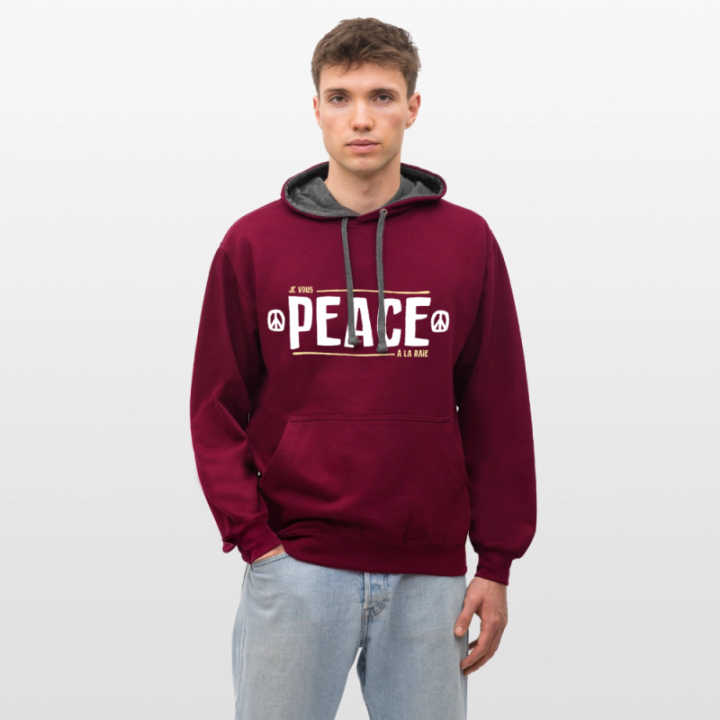 Sweat-shirt à capuche contrasté unisexe - Peace à la raie - bordeaux/anthracite - front