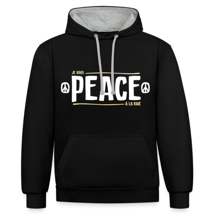 Sweat-shirt à capuche contrasté unisexe - Peace à la raie - noir/gris chiné - front