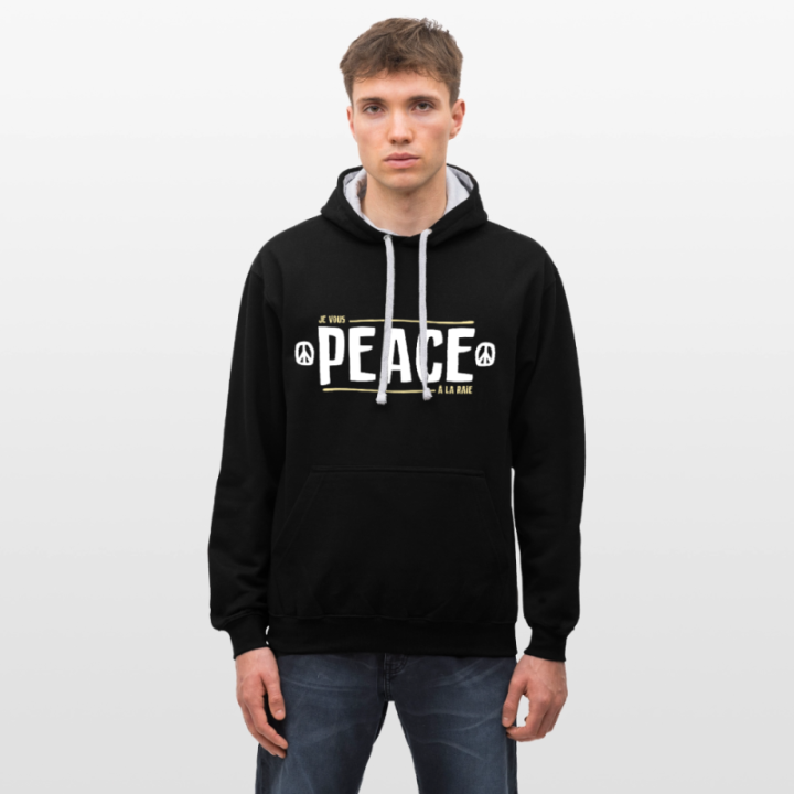 Sweat-shirt à capuche contrasté unisexe - Peace à la raie - noir/gris chiné - front