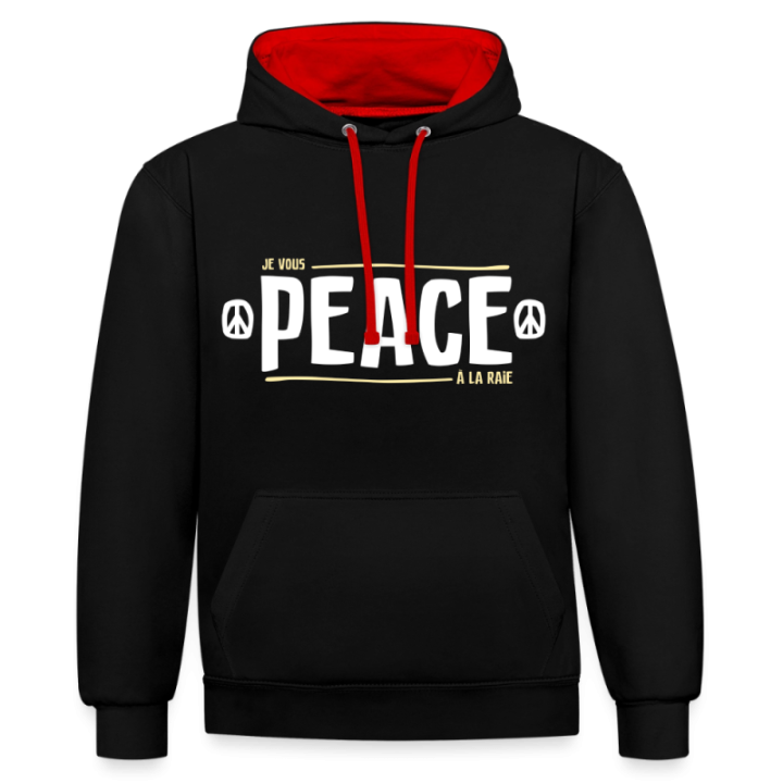 Sweat-shirt à capuche contrasté unisexe - Peace à la raie - noir/rouge - front