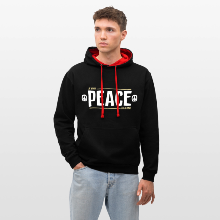 Sweat-shirt à capuche contrasté unisexe - Peace à la raie - noir/rouge - front