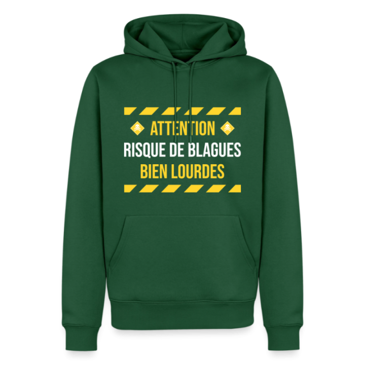 Sweat-shirt à capuche premium homme - Risque de blagues bien lourdes - vert bouteille - front