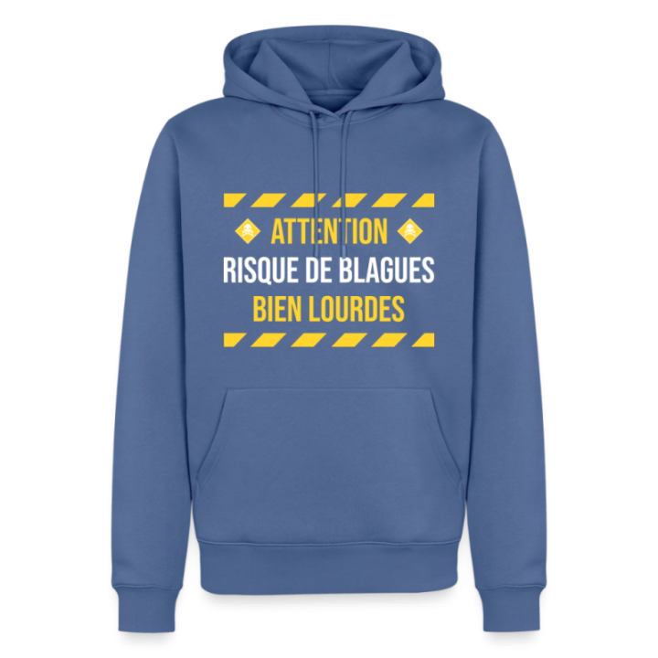 Sweat-shirt à capuche premium homme - Risque de blagues bien lourdes - bleu pigeon - front