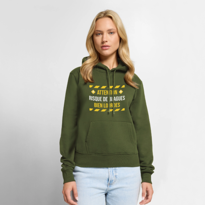 Sweat-shirt à capuche premium femme - Risque de blagues bien lourdes - kaki - front