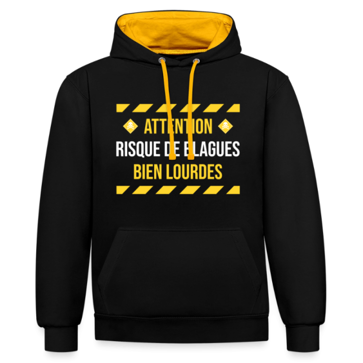 Sweat-shirt à capuche contrasté unisexe - Risque de blagues bien lourdes - noir/or - front
