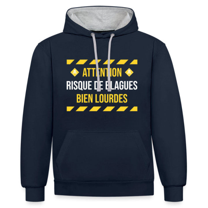 Sweat-shirt à capuche contrasté unisexe - Risque de blagues bien lourdes - bleu marine/gris chiné - front