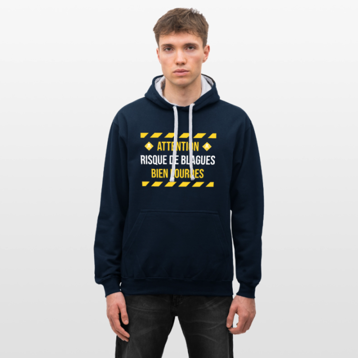 Sweat-shirt à capuche contrasté unisexe - Risque de blagues bien lourdes - bleu marine/gris chiné - front