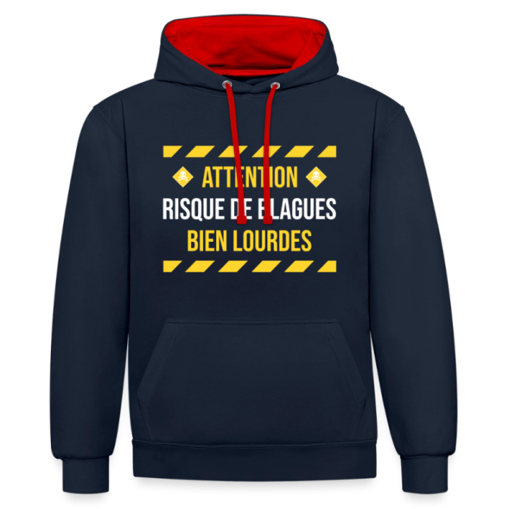 Sweat-shirt à capuche contrasté unisexe - Risque de blagues bien lourdes - bleu marine/rouge - front