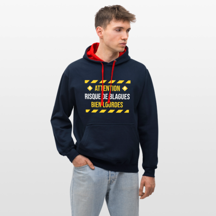 Sweat-shirt à capuche contrasté unisexe - Risque de blagues bien lourdes - bleu marine/rouge - front