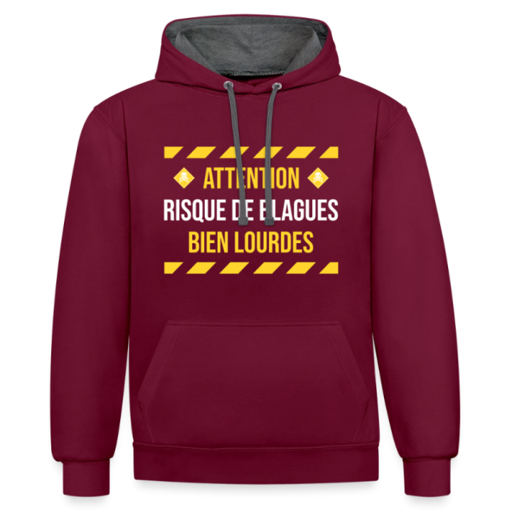 Sweat-shirt à capuche contrasté unisexe - Risque de blagues bien lourdes - bordeaux/anthracite - front