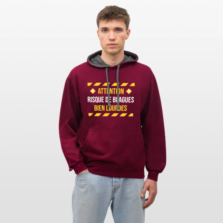 Sweat-shirt à capuche contrasté unisexe - Risque de blagues bien lourdes - bordeaux/anthracite - front