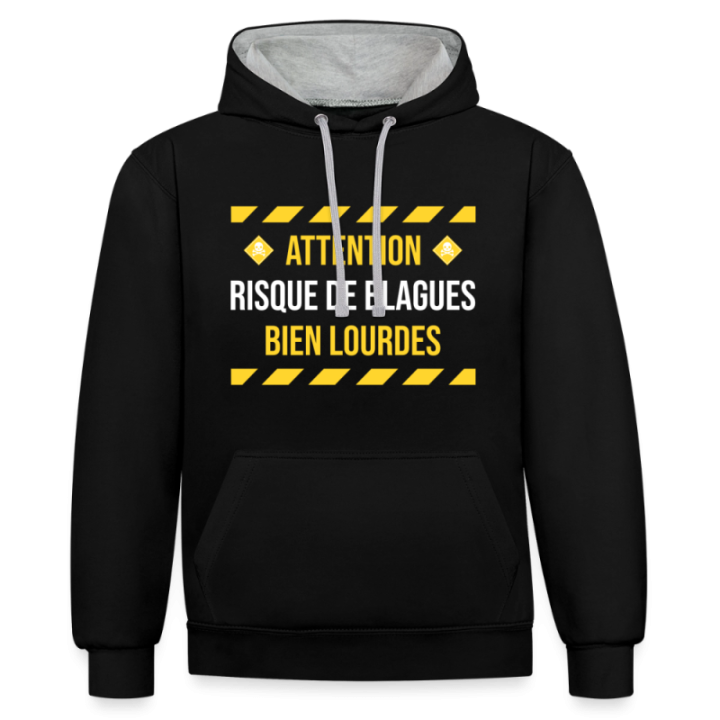 Sweat-shirt à capuche contrasté unisexe - Risque de blagues bien lourdes - noir/gris chiné - front