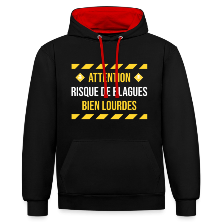Sweat-shirt à capuche contrasté unisexe - Risque de blagues bien lourdes - noir/rouge - front