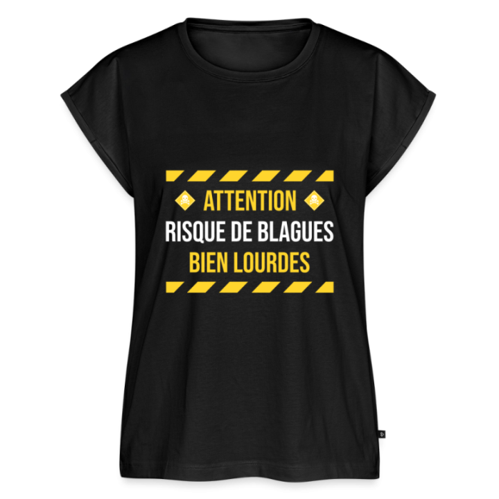 T-shirt à manches retroussées femme - Risque de blagues bien lourdes - noir - front