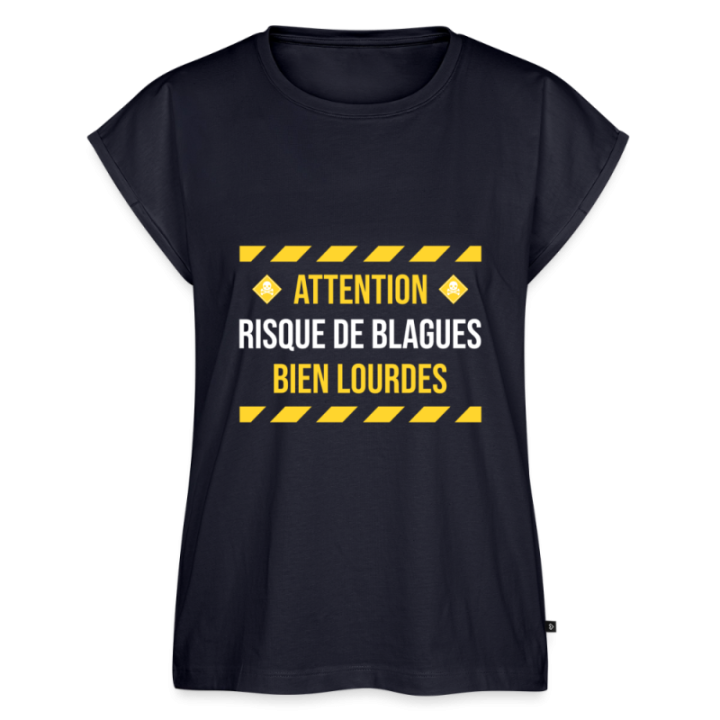 T-shirt à manches retroussées femme - Risque de blagues bien lourdes - bleu marine - front