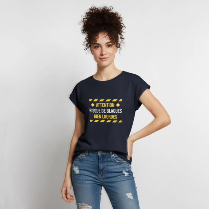 T-shirt à manches retroussées femme - Risque de blagues bien lourdes - bleu marine - front