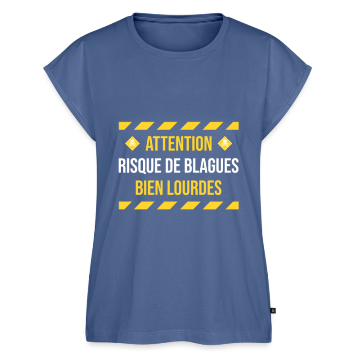 T-shirt à manches retroussées femme - Risque de blagues bien lourdes - bleu pigeon - front