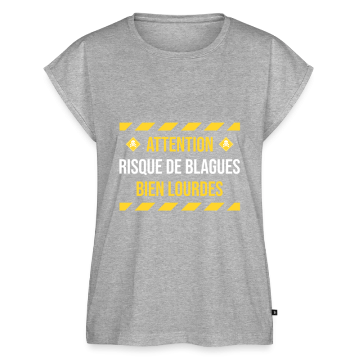 T-shirt à manches retroussées femme - Risque de blagues bien lourdes - gris chiné - front