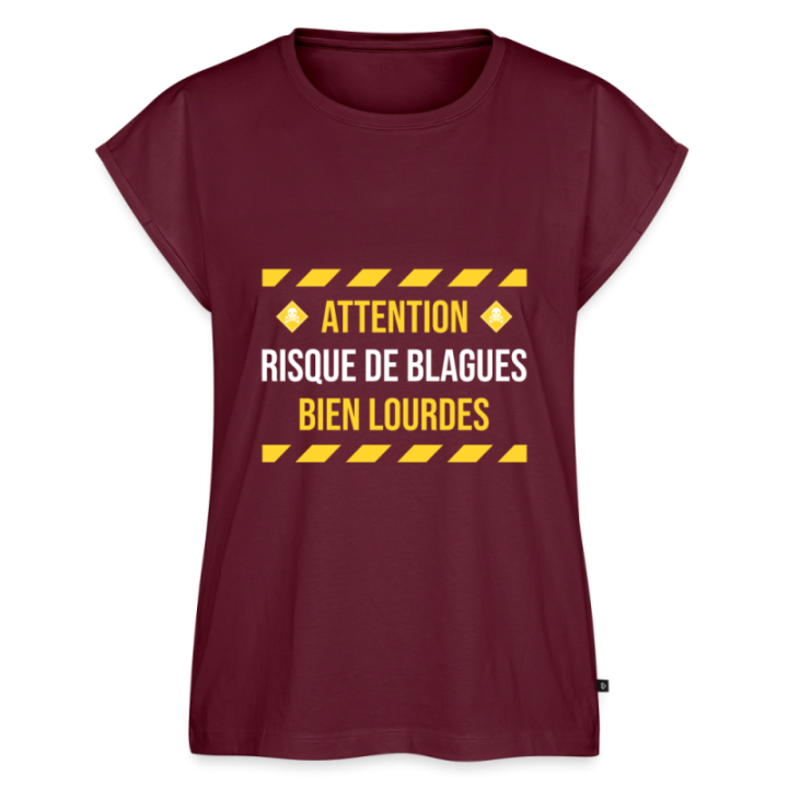 T-shirt à manches retroussées femme - Risque de blagues bien lourdes - bourgogne - front