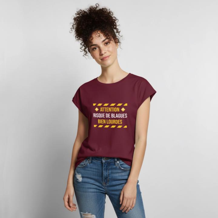 T-shirt à manches retroussées femme - Risque de blagues bien lourdes - bourgogne - front
