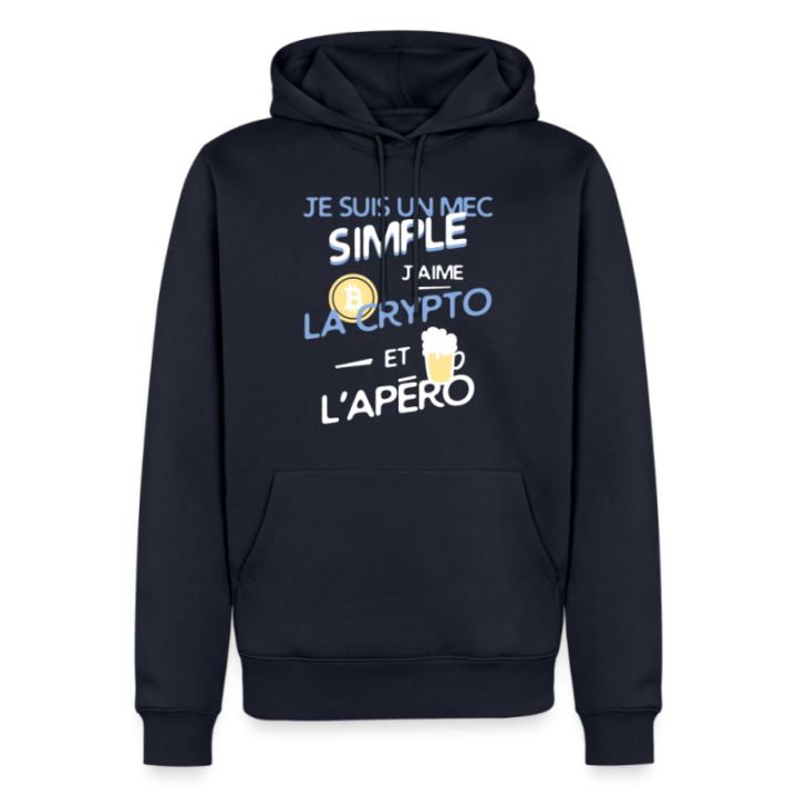 Sweat-shirt à capuche premium homme - Un mec simple: Crypto et apéro - bleu marine - front