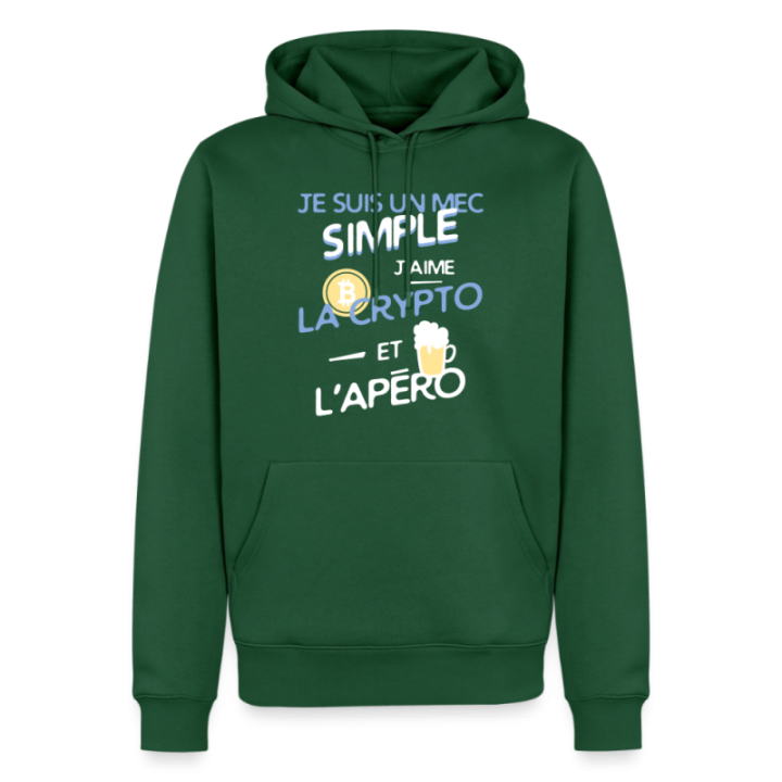 Sweat-shirt à capuche premium homme - Un mec simple: Crypto et apéro - vert bouteille - front